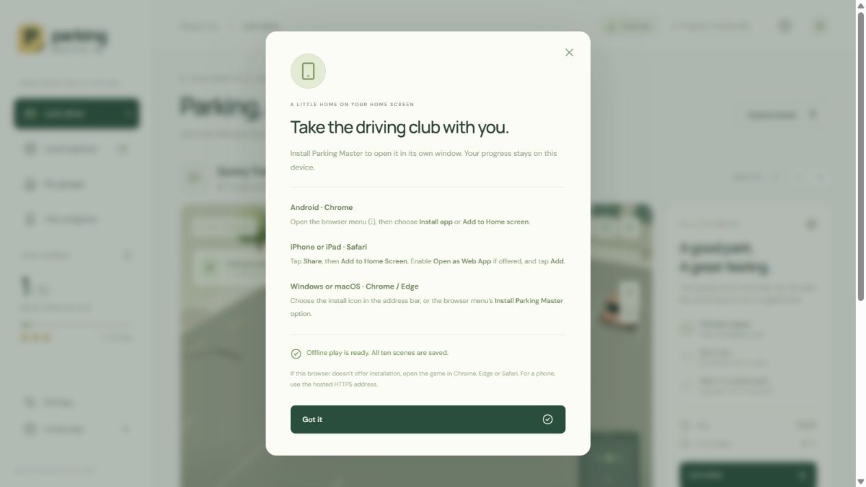 Actual Free edition desktop screenshot showing the in-game installation guide over the parking interface