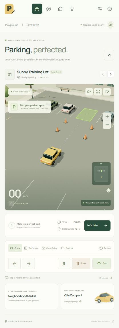 Actual supplied Free edition screenshot showing the Sunny Training Lot, yellow compact car, parking bay and touch controls